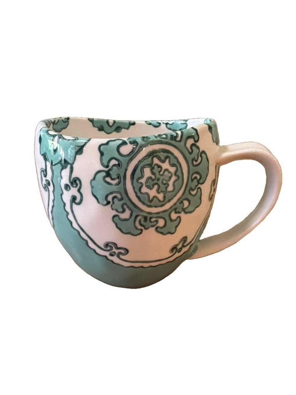 Anthropologie Gloriosa Coffee Tea Mug Mint Aqua Blue Teal White Retired Pattern